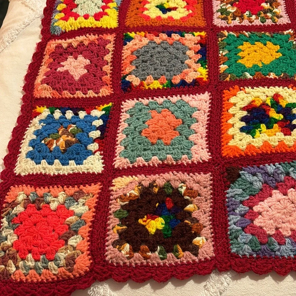 Crocheted Granny Square Multi Colored Afghan Lap Blanket - NEW
